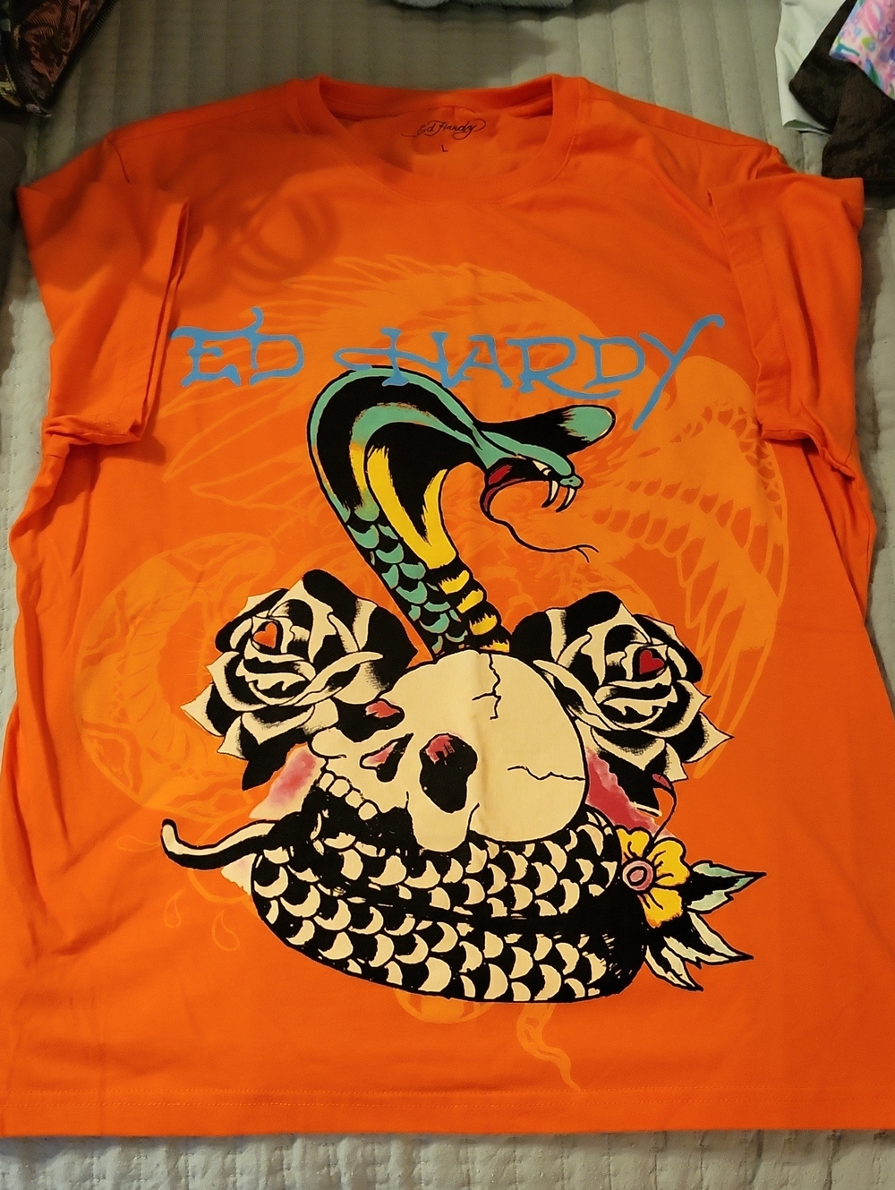 Ed Hardy Rose Cobra T-Shirt Large Tee Orange Blue Lettering NWOT Graphic‎ Shirt